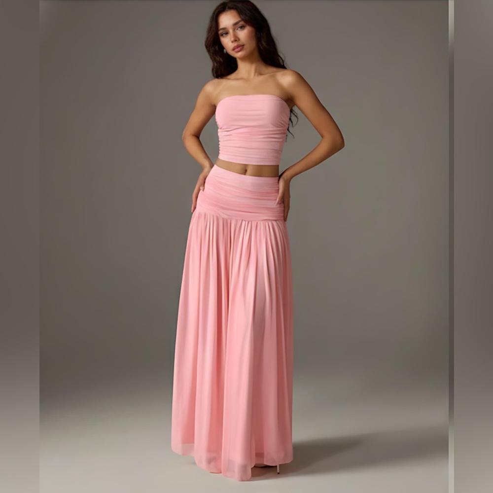 Mesh Bandeau Top And High Waist Pleated Mesh Maxi Skirt Pink